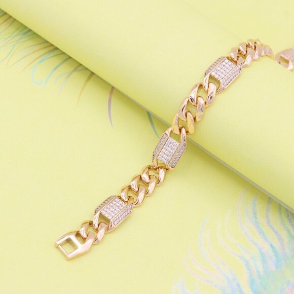 "Bold Rose Gold Curb Chain Bracelet with Sparkling Accent Panels, XPBL0941 - Picture 3 of 13